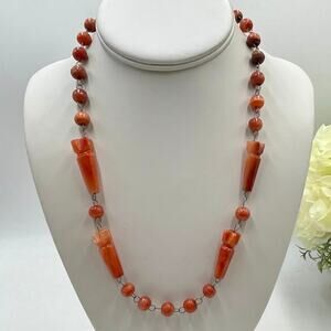 Vintage Carnelian Agate‎ Silver Tone Beaded Statement Jewelry Necklace 20"